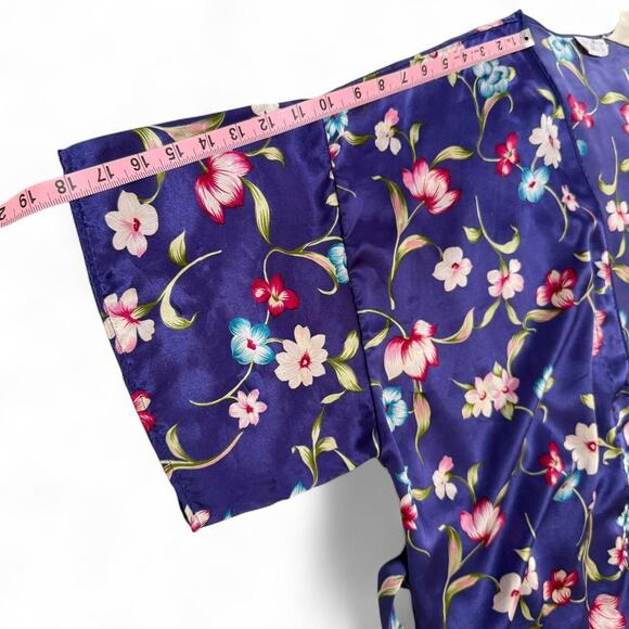 Vintage 80s Vassarette Satin Floral Kimono Robe Belted Lounge Sleepwear - Picture 7 of 8